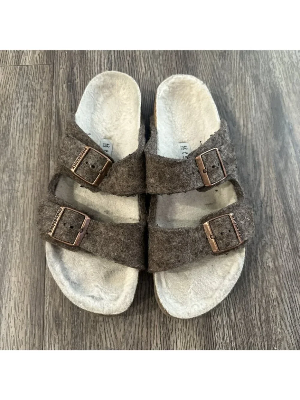 Birkenstock Arizona Double Buckle Wool Shearling Brown Felt Sandals Sz 42 US 11